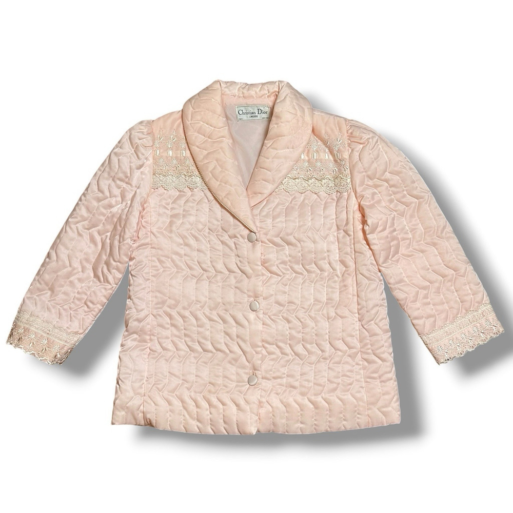 Christian Dior Quilted Bed Jacket Lingerie Size Small Pink Lace 1980s Vintage
